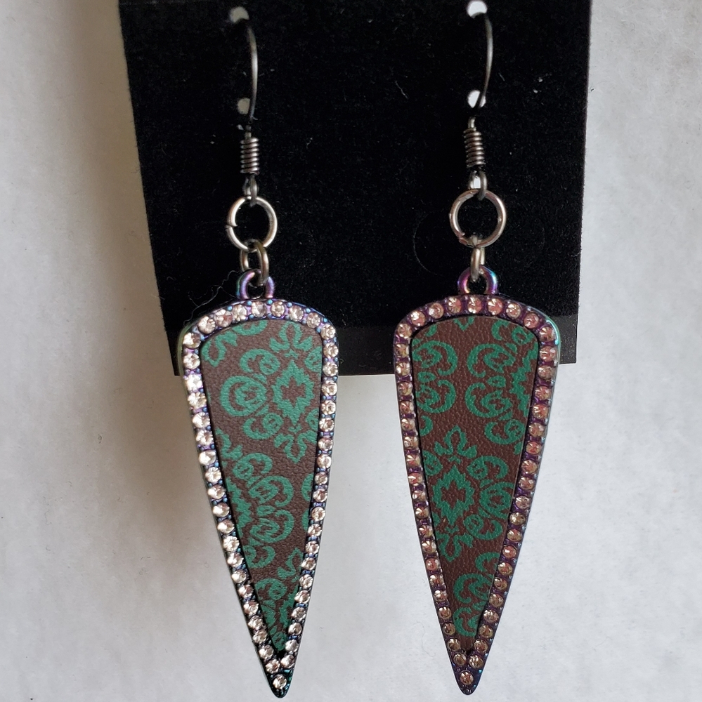 Womens brown & teal floral design hook earrings